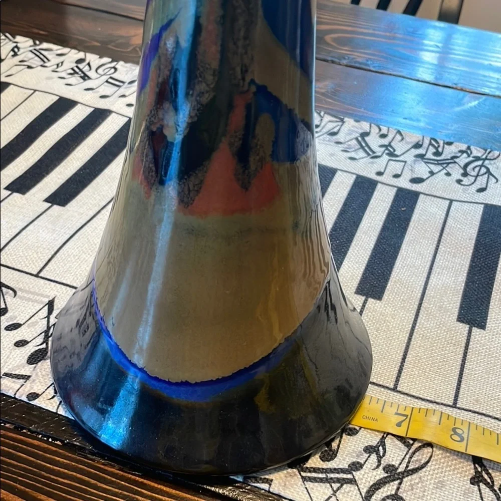 Lemax Vtg Blue Rust Brown Accent Stoneware Drip Vase Modern Sleek Elegance
